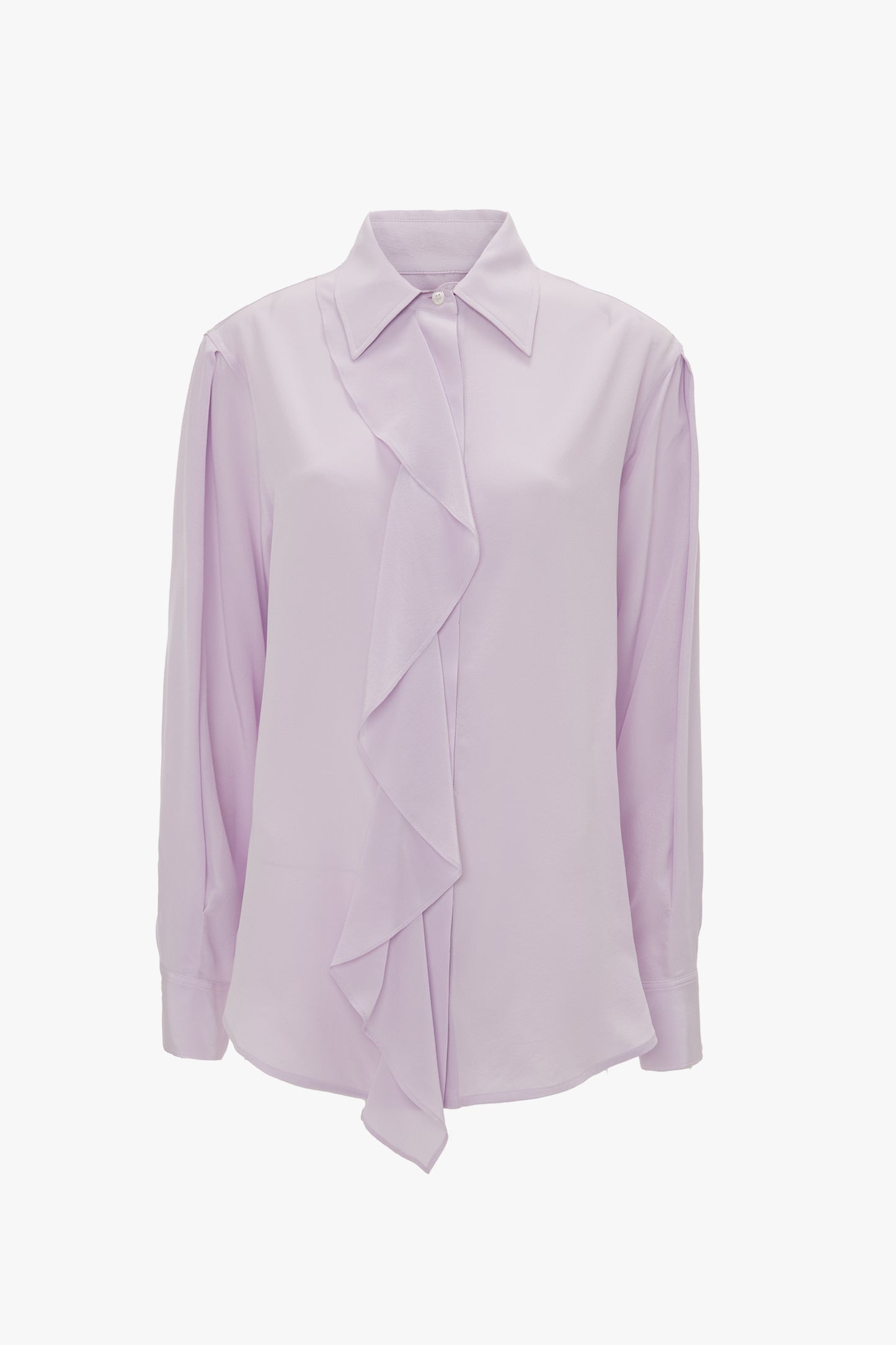 A Victoria Beckham Asymmetric Ruffle Blouse In Petunia with a classic collar, displayed against a white background.