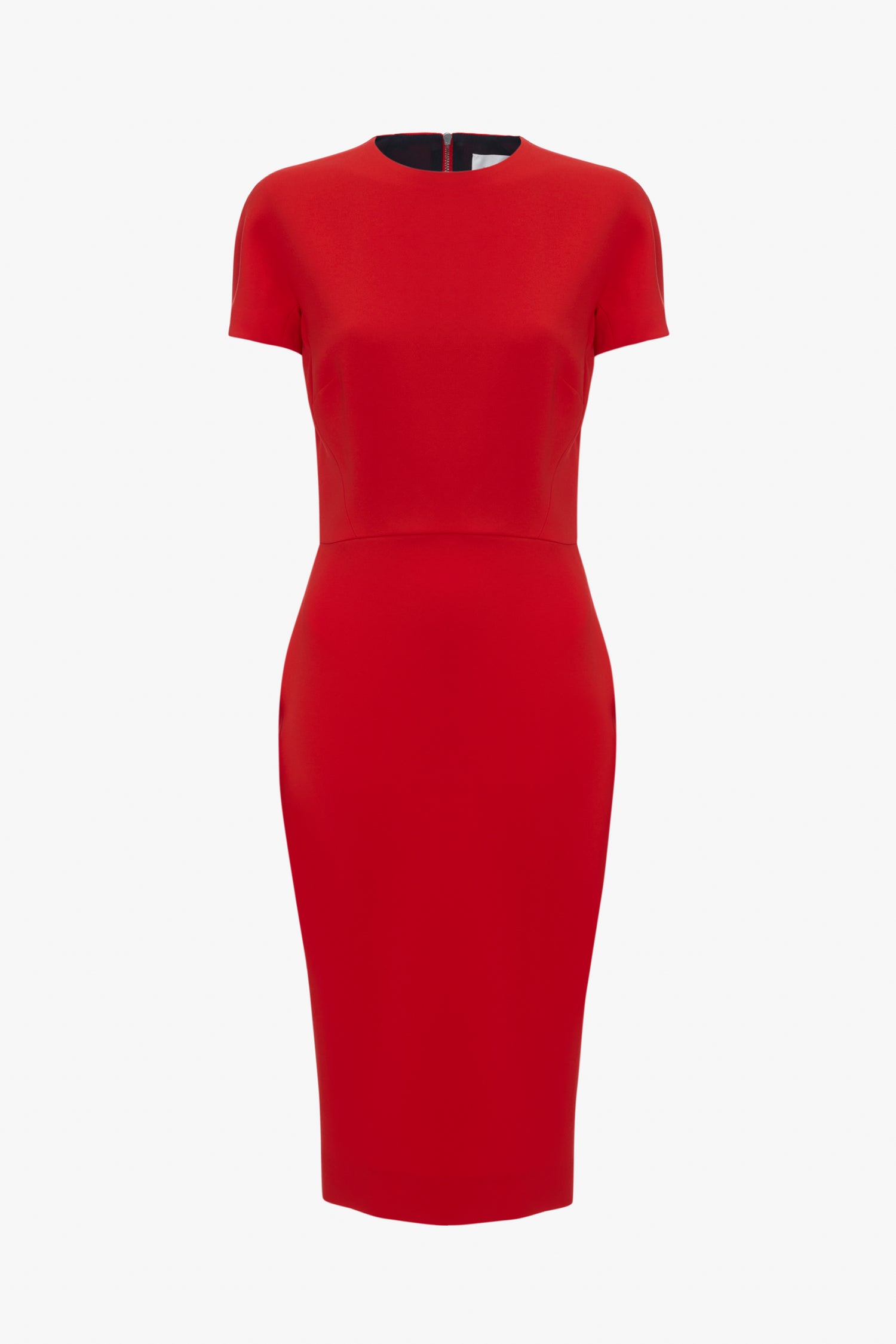 A Victoria Beckham bright red, knee-length fitted t-shirt dress featuring short sleeves and a round neckline, isolated on a white background.