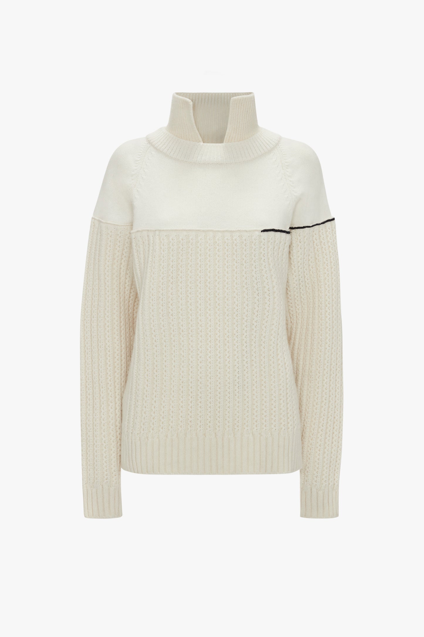 A cream-colored, long-sleeve turtleneck sweater with ribbed texture and a black accent line across the chest, this Collar Detail Jumper In Natural from Victoria Beckham exudes casual sophistication.