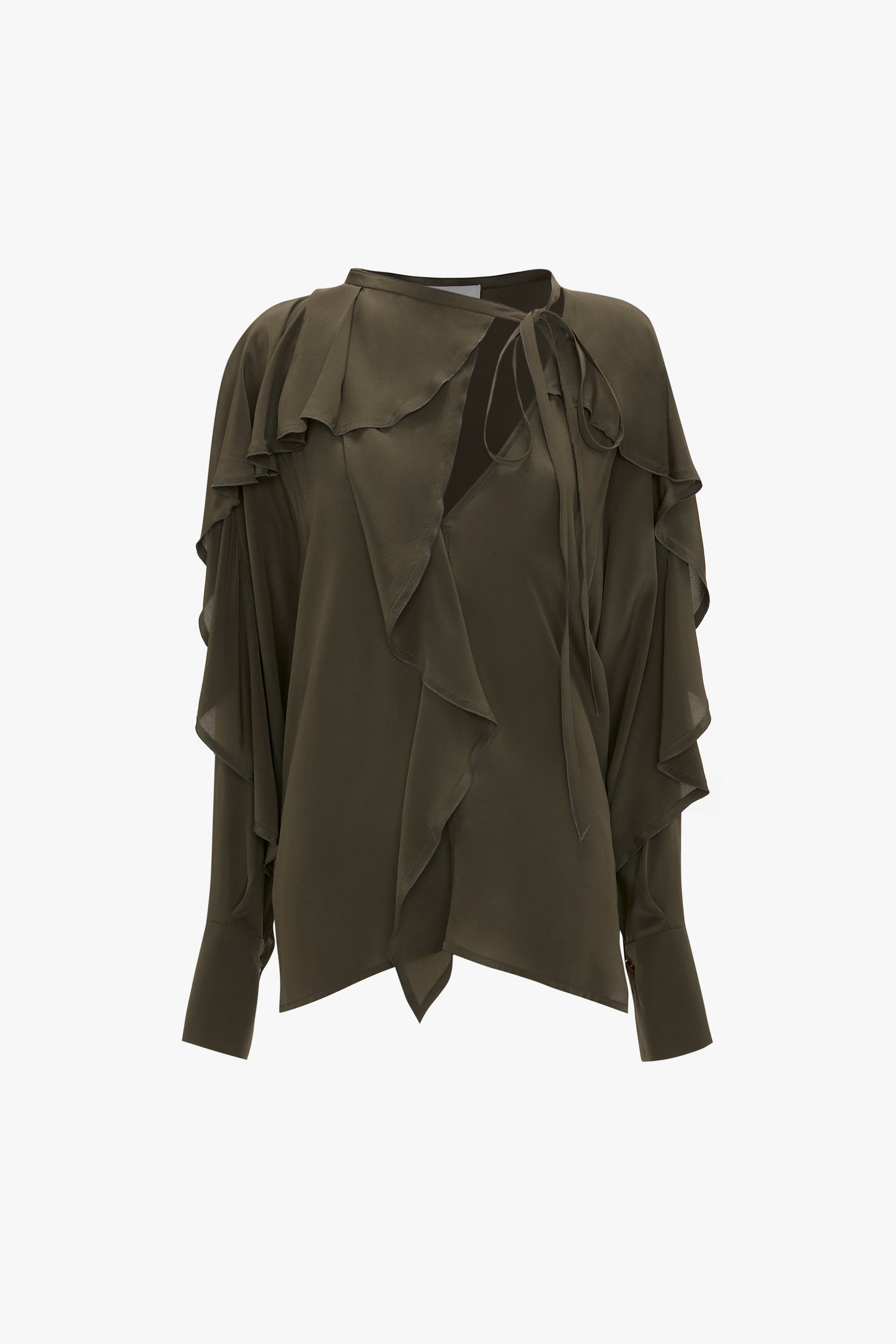 Tie Detail Ruffle Blouse in Oregano by Victoria Beckham, with ruffled details, keyhole neckline, and tie detail, perfect to pair with Double Pleat Trouser.