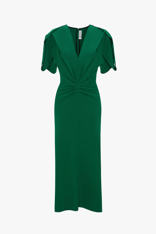 A Gathered V-Neck Midi Dress in Emerald by Victoria Beckham with short ruffled sleeves, crafted from stretch fabric, displayed against a white background.