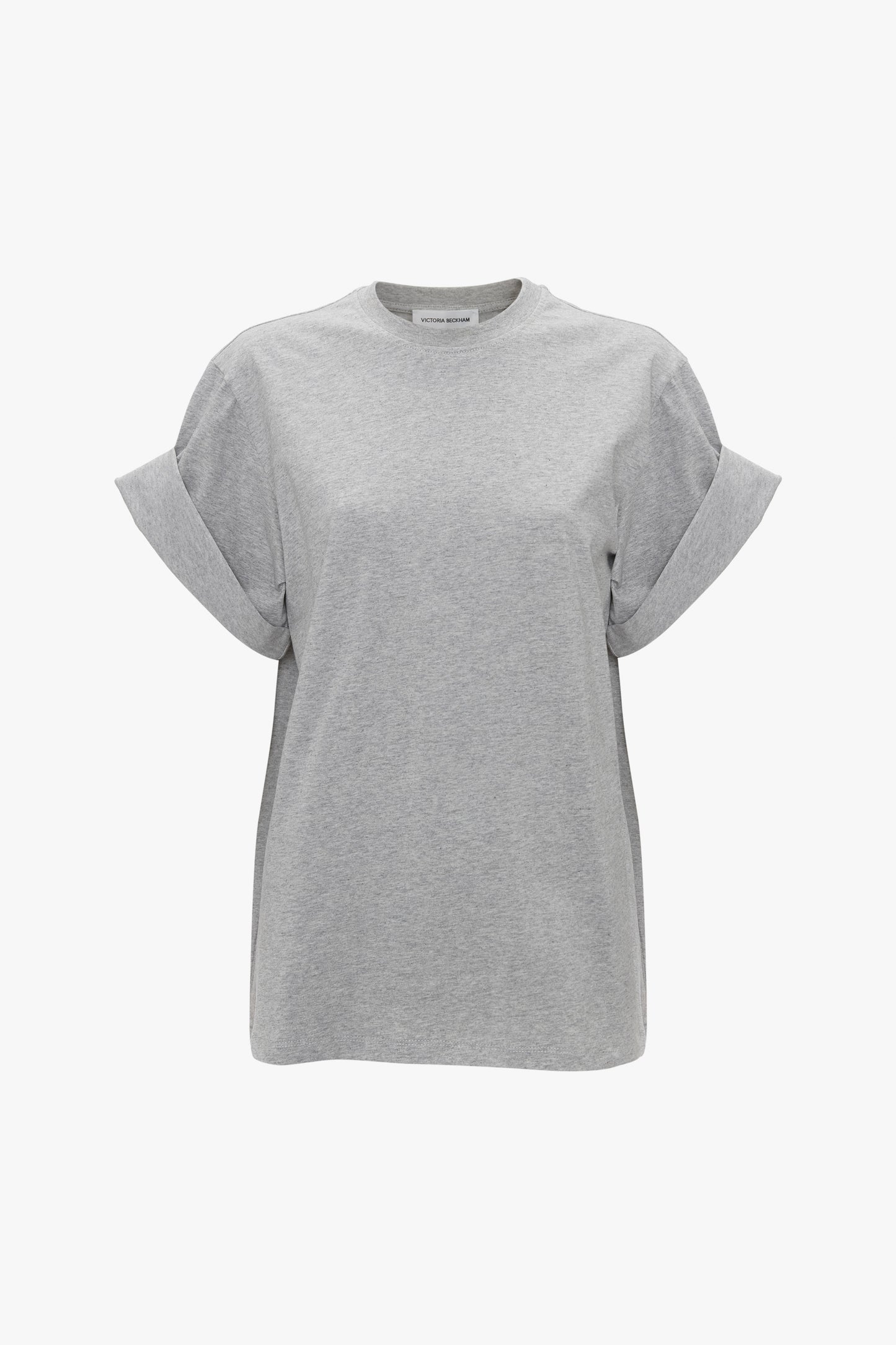 Victoria Beckham asymmetric relaxed fit T-shirt in grey marl with short, puffed sleeves, displayed on a plain white background.