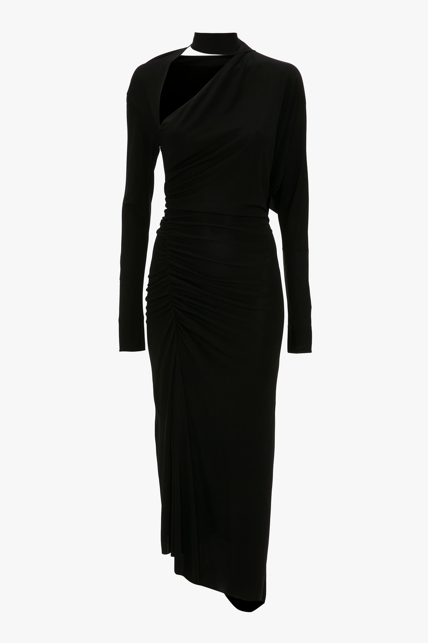 A Victoria Beckham black long-sleeve gown with a draped neckline and side ruching, displayed on a mannequin against a white background.