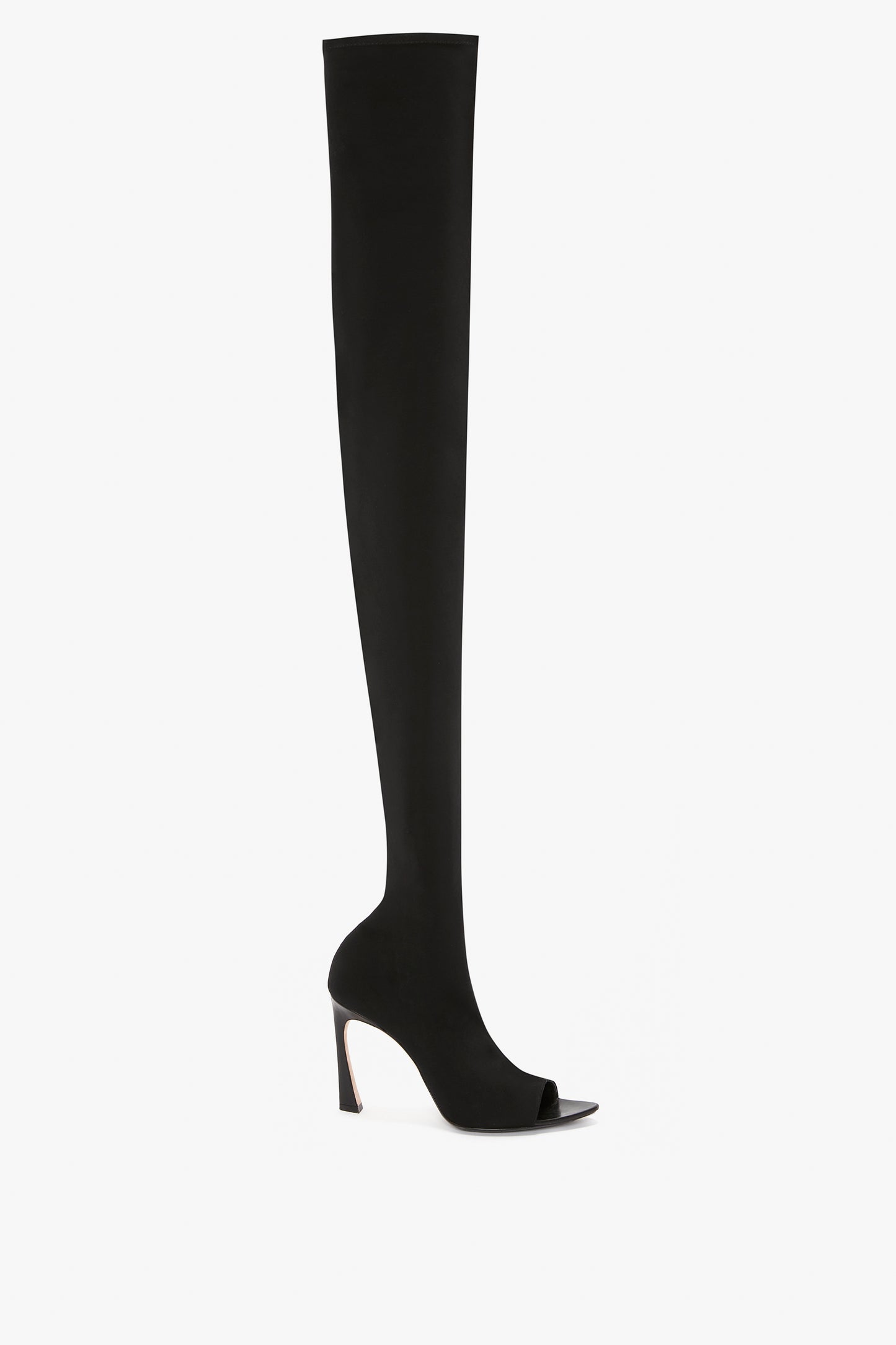 Black Victoria Beckham peep-toe over-the-knee boot with a sculptural heel, isolated on a white background.