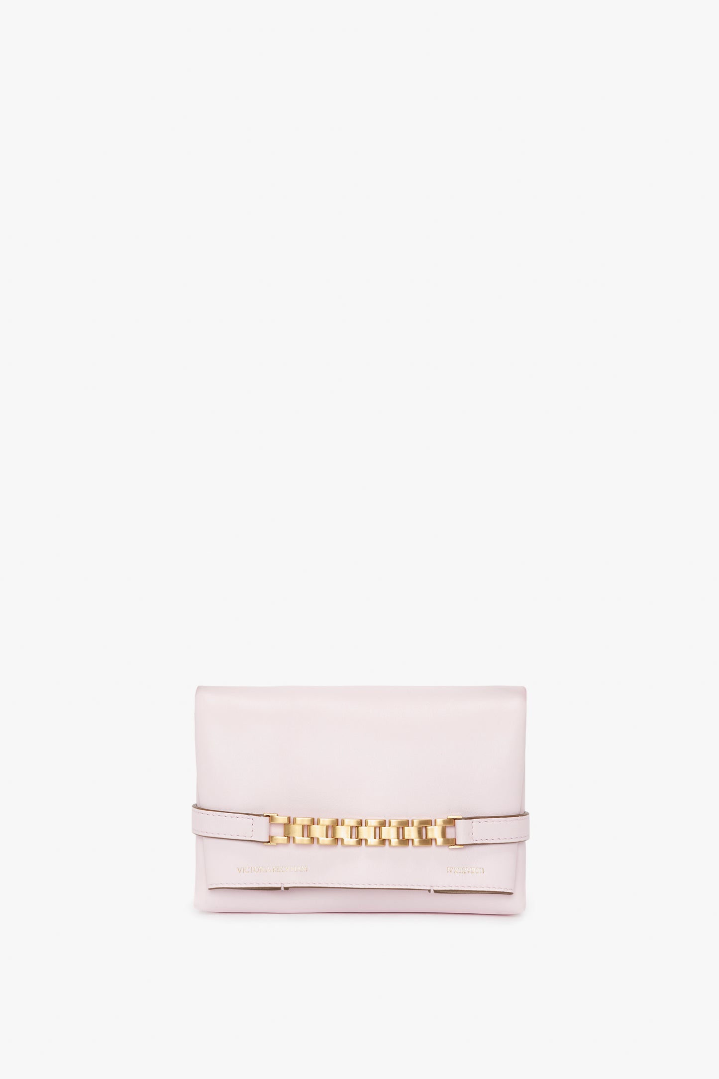 A Victoria Beckham Exclusive Mini Chain Pouch Bag With Long Strap In Bubblegum Pink Leather with a Mini Chain Pouch accent in the center, laid against a white background.