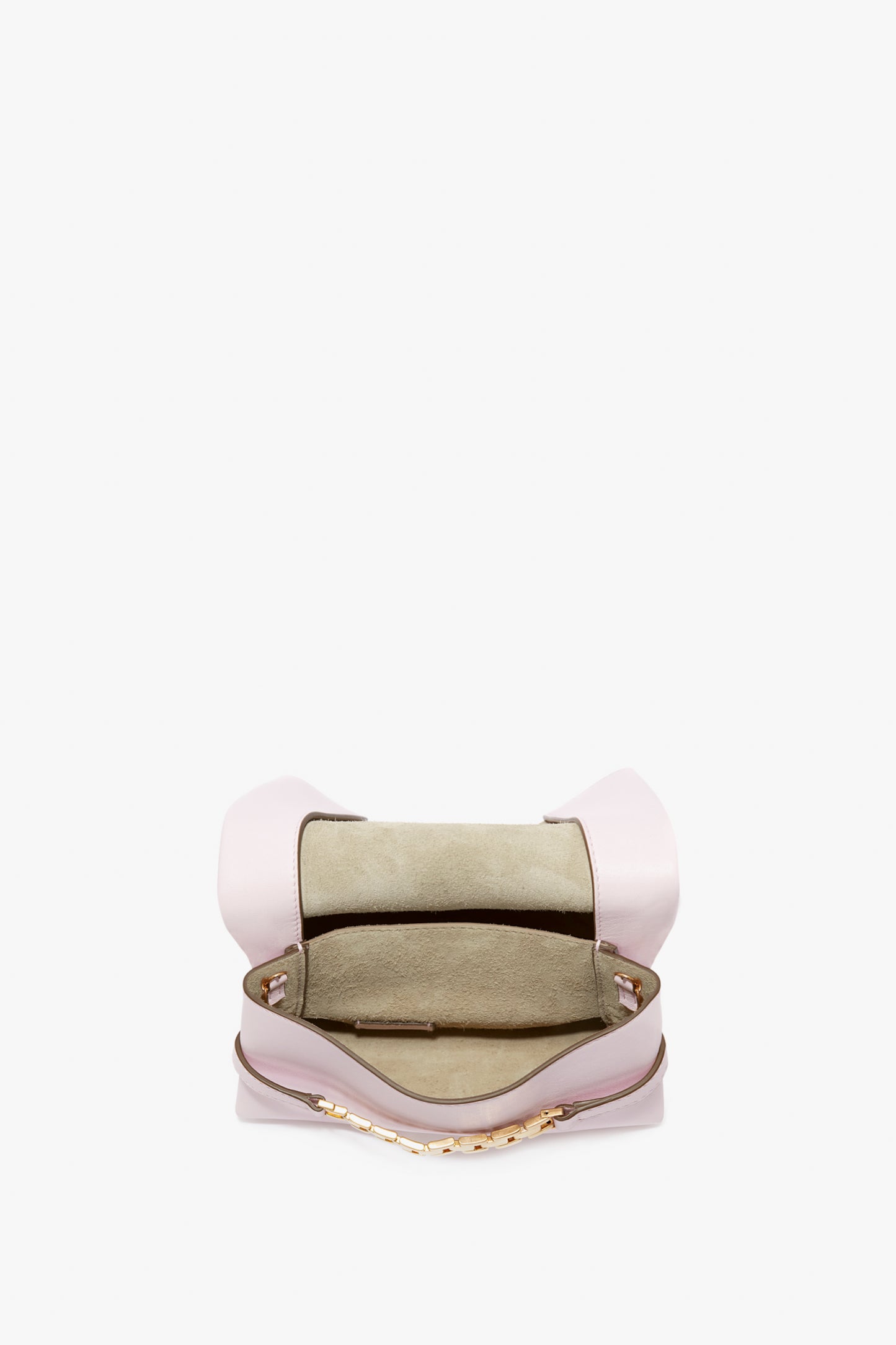 A small, bubblegum pink leather Exclusive Mini Chain Pouch Bag With Long Strap is shown open on a plain white background, featuring a detachable strap for versatile styling. This stylish accessory is from Victoria Beckham.