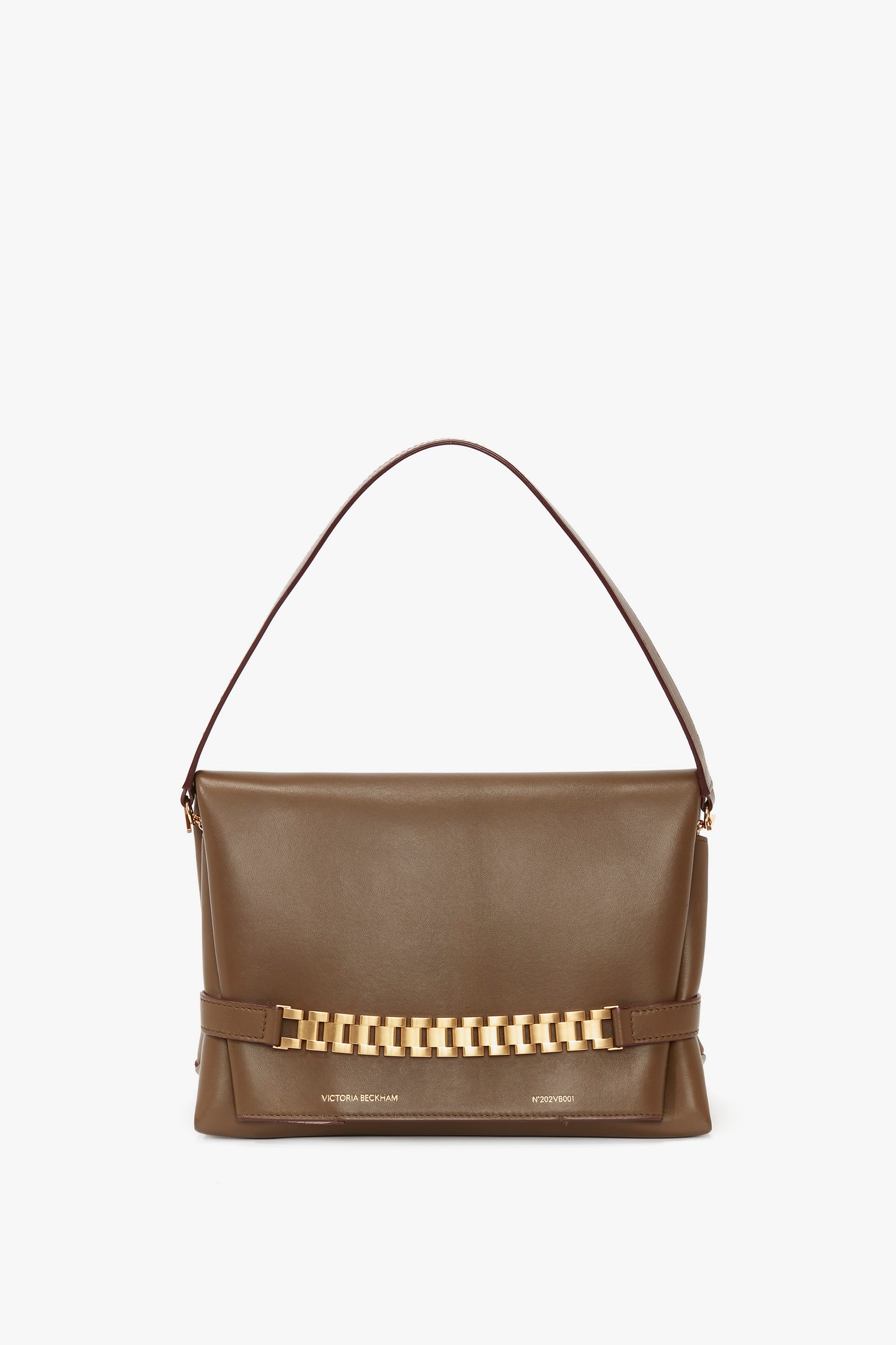 A khaki leather Chain Pouch Bag With Strap by Victoria Beckham UK, featuring a short shoulder strap, detachable strap option, and gold chain detail on the front.