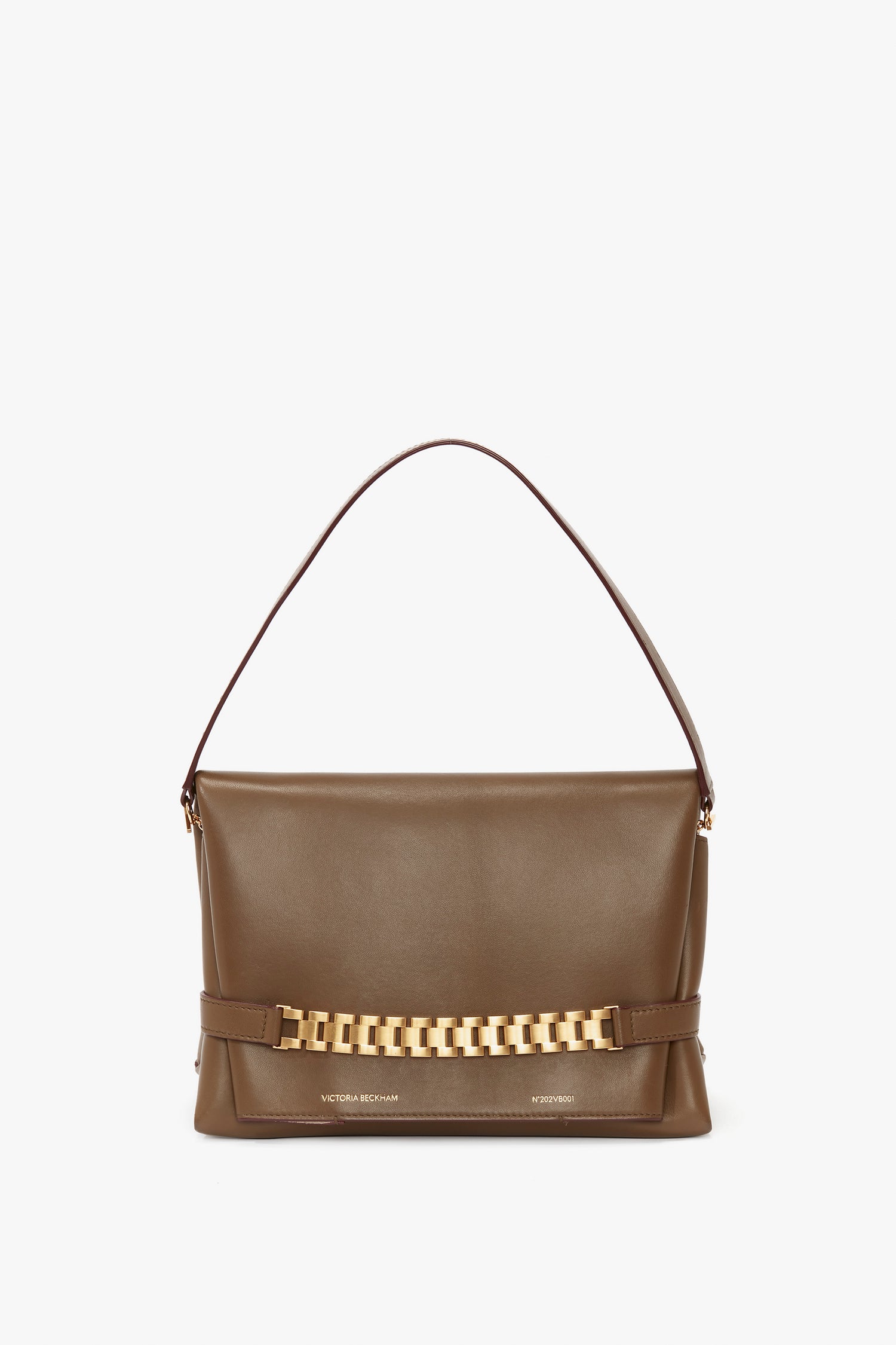 A khaki leather Chain Pouch Bag With Strap by Victoria Beckham UK, featuring a short shoulder strap, detachable strap option, and gold chain detail on the front.