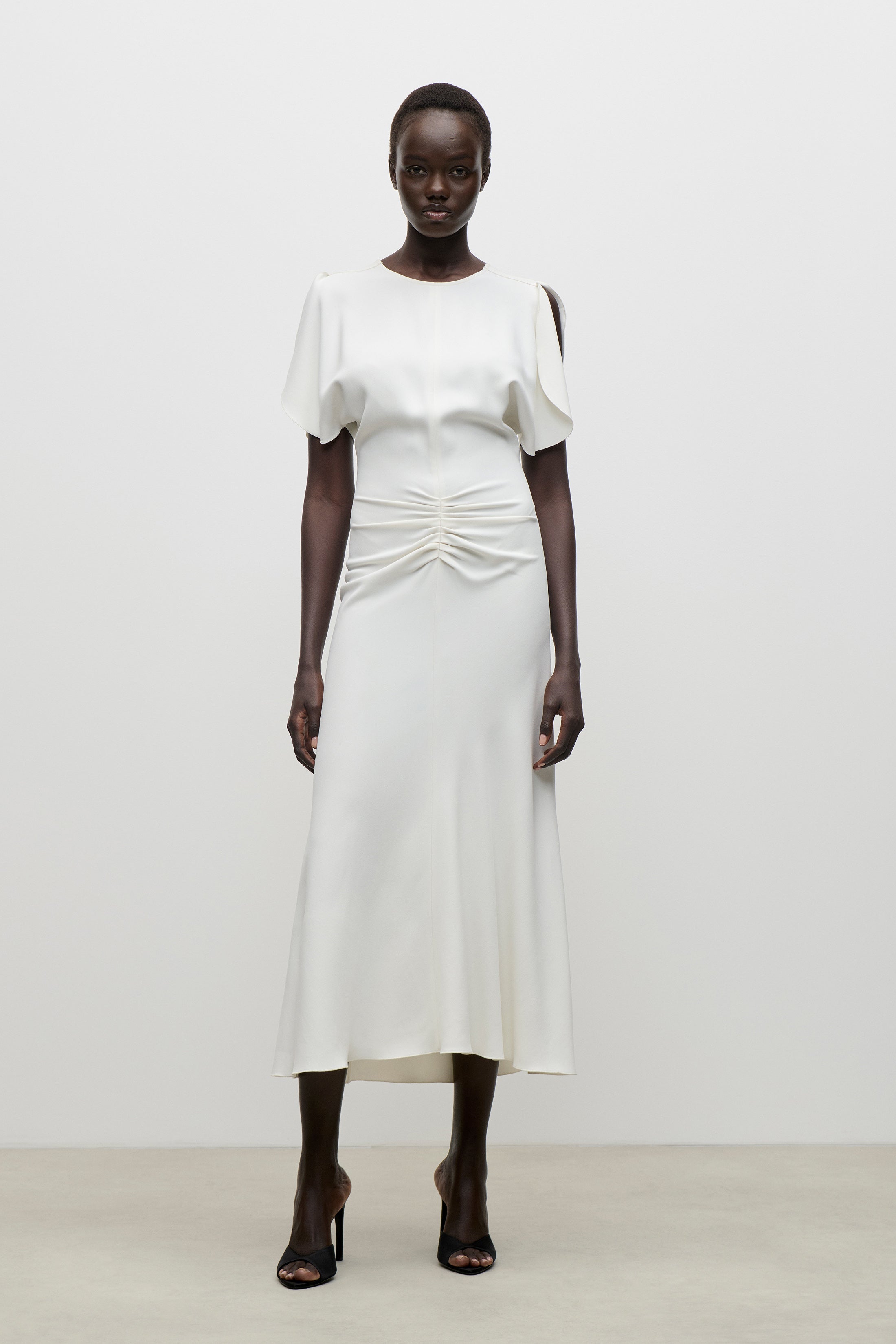 victoria beckham gathered waist midi-dress Bela Midi Dress In Bright Ivory Nova Tie Waist Ruffle Victoria Beckhams Eve midi Color:PINK DAWN fabric_linen