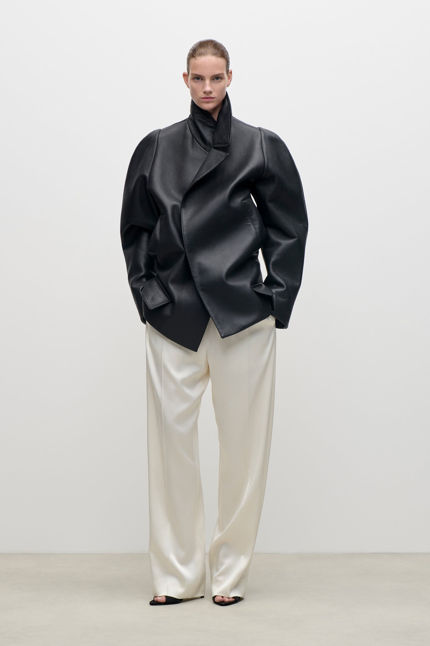 Leather Pea Coat In Black