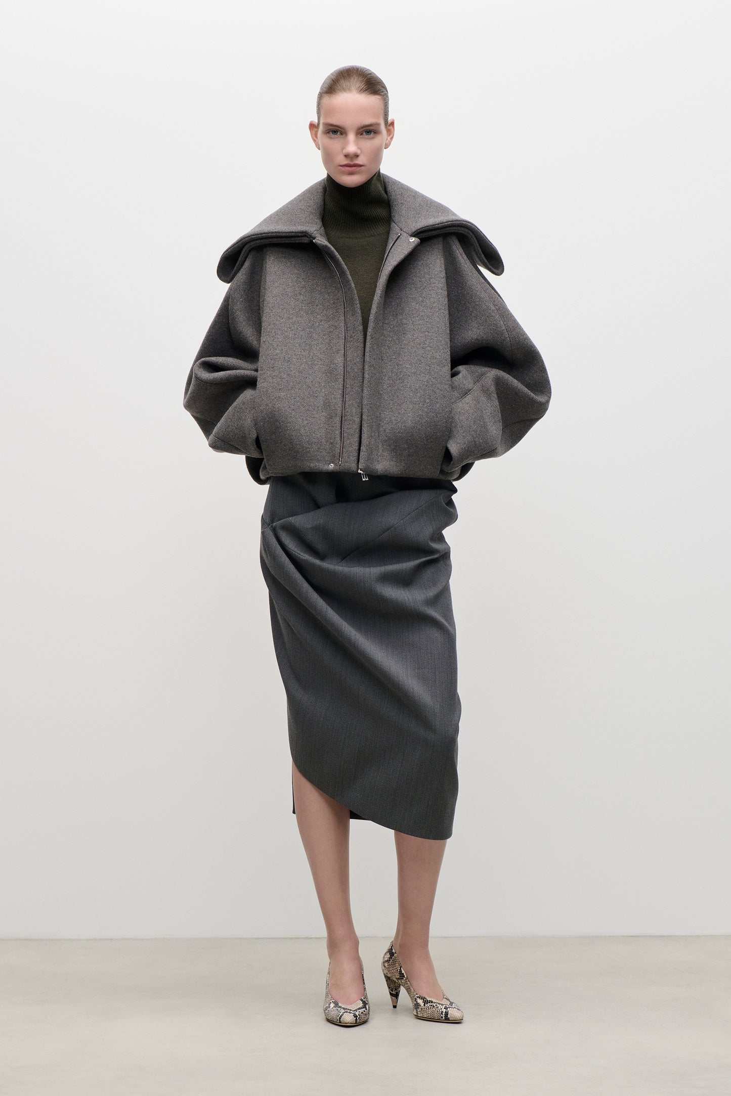 Folded Collar Bomber Jacket In Grey