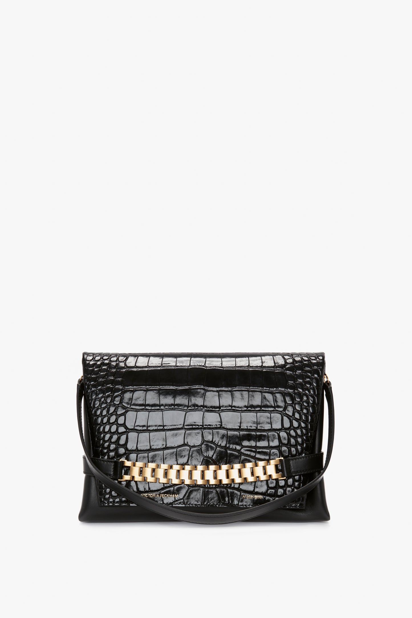 A Chain Pouch Bag With Strap In Black Croc-Effect Leather, exuding the signature elegance of Victoria Beckham.