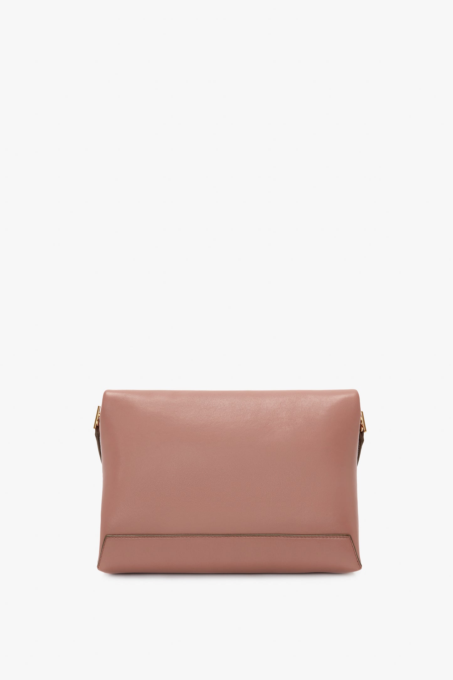 A large, rectangular, blush-pink leather clutch bag with a minimalistic design, a sleek finish, and a removable strap, making it the perfect versatile everyday accessory is the Chain Pouch With Strap In Truffle Leather by Victoria Beckham.