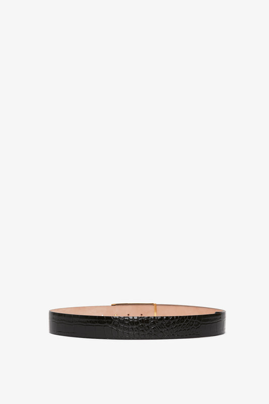 Jumbo Frame Belt in Black Croc-Effect Leather by Victoria Beckham, displayed on a white background.