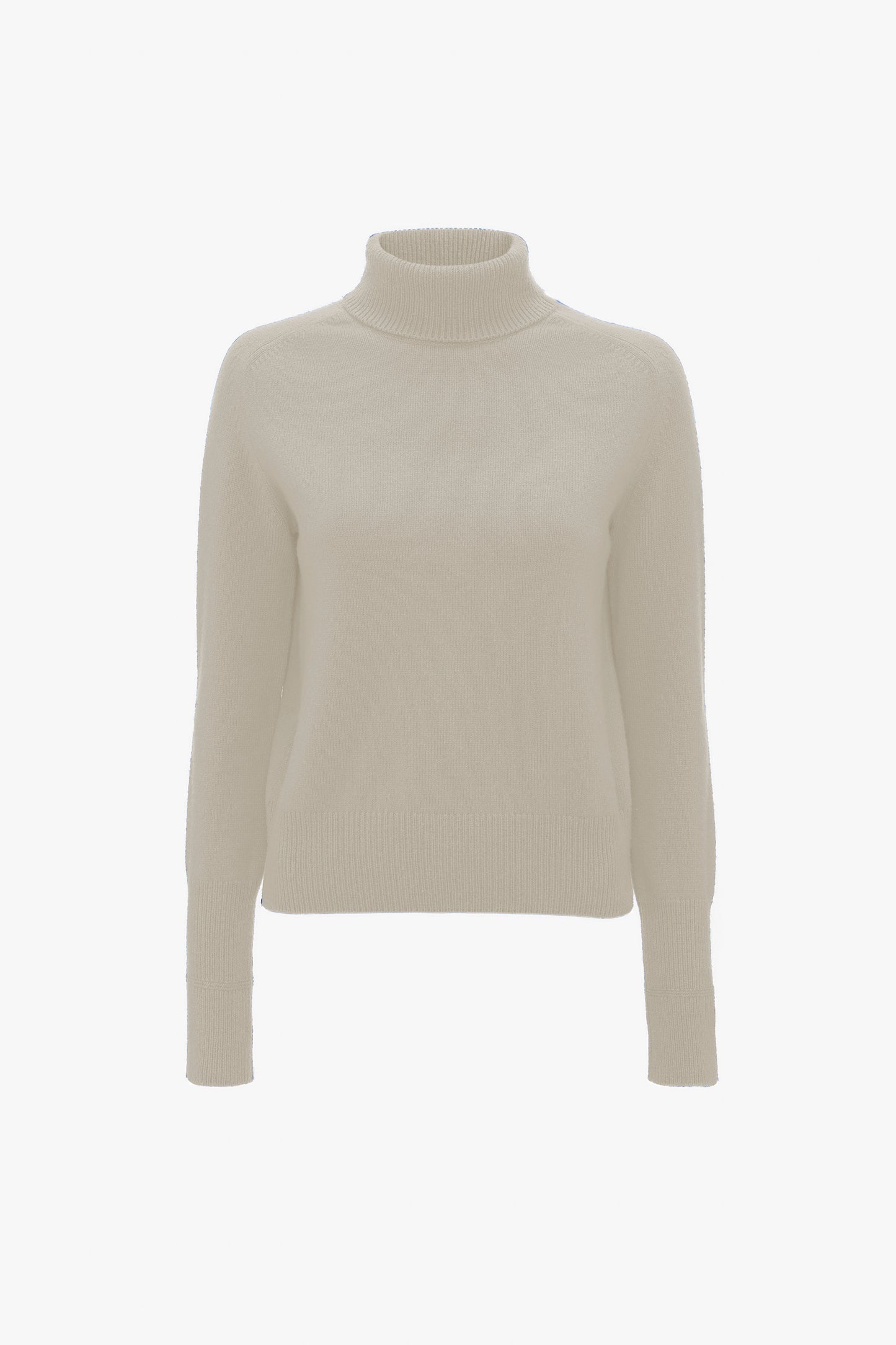 A Victoria Beckham polo neck jumper in ivory displayed against a white background.