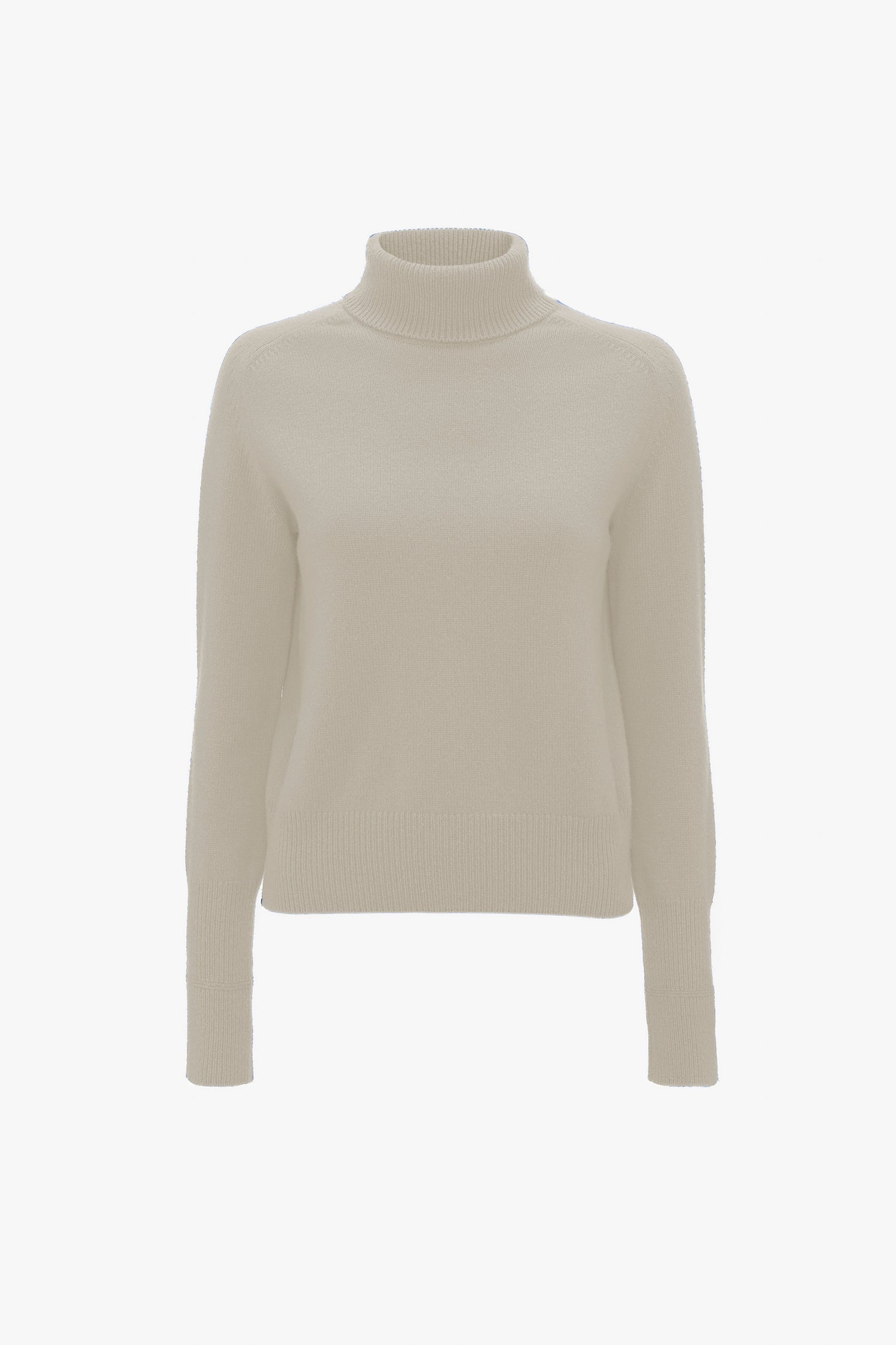 A Victoria Beckham polo neck jumper in ivory displayed against a white background.