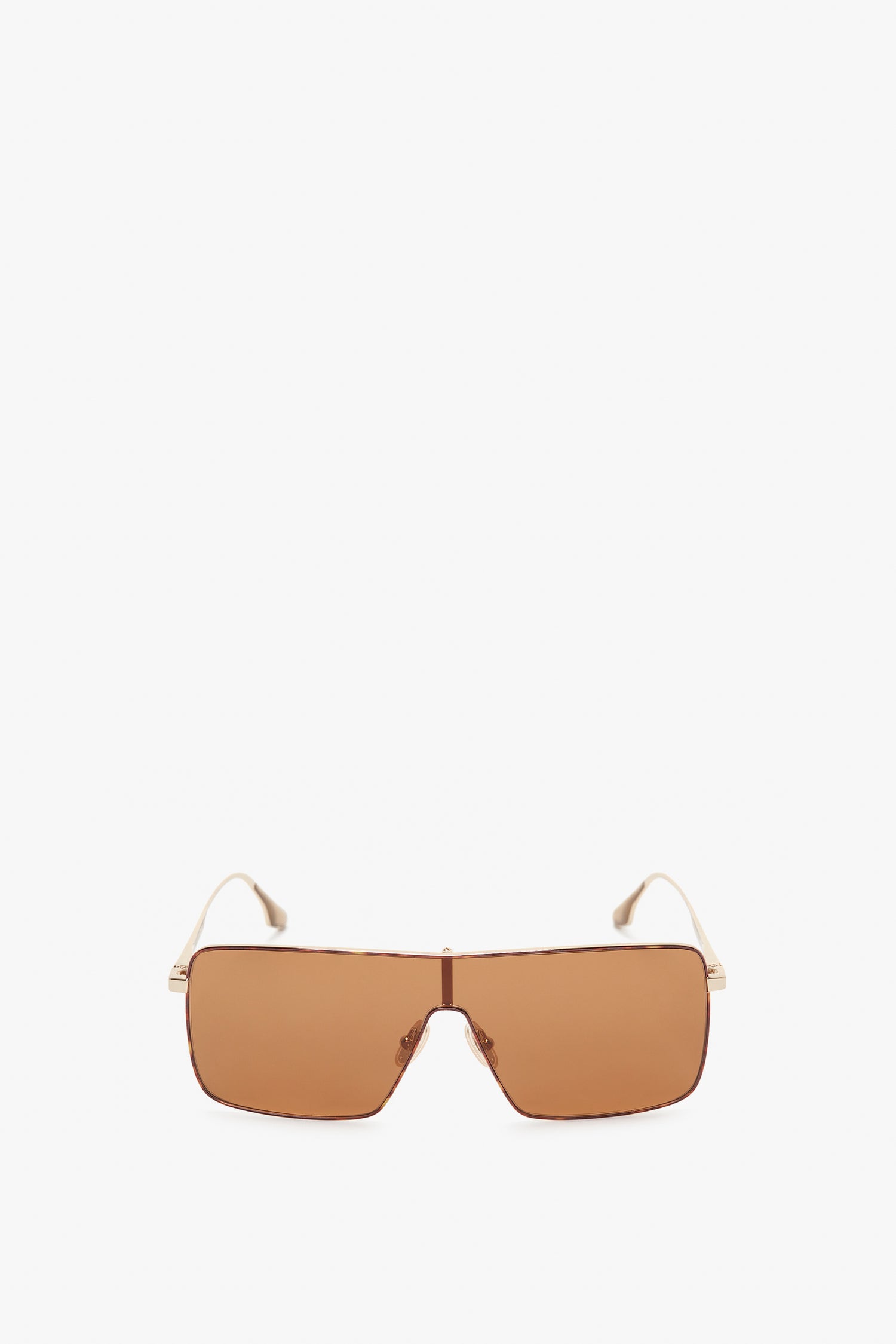 Rectangular Visor Gold-Framed Sunglasses by Victoria Beckham, featuring caramel lenses, a thin frame, and straight temples, against a plain white background.