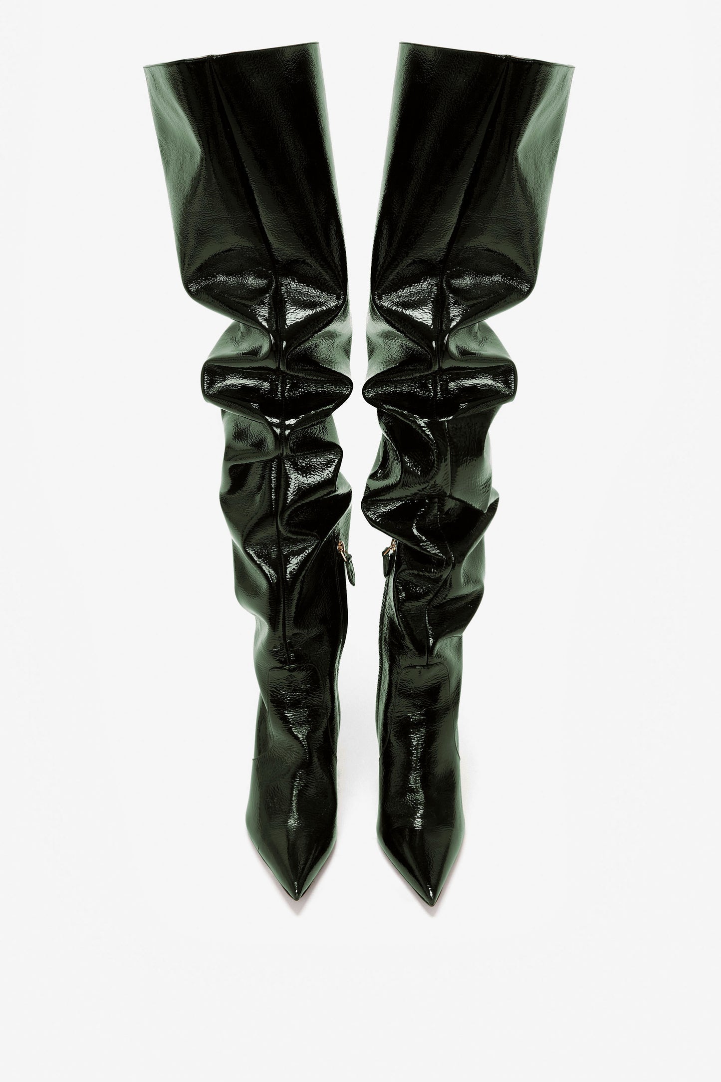 A pair of Thigh High Pointy Boots in Dark Green Grained Patent by Victoria Beckham, displayed against a white background, offers a sophisticated finishing touch to any outfit.