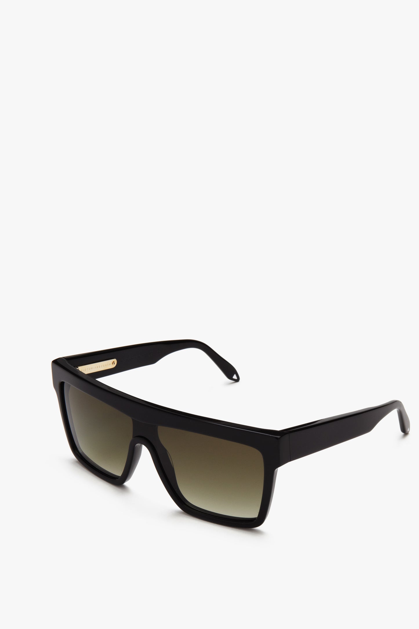 A pair of black rectangular Flat Top Visor sunglasses by Victoria Beckham with dark lenses, featuring subtle logo embossing on the arms, positioned on a white background.