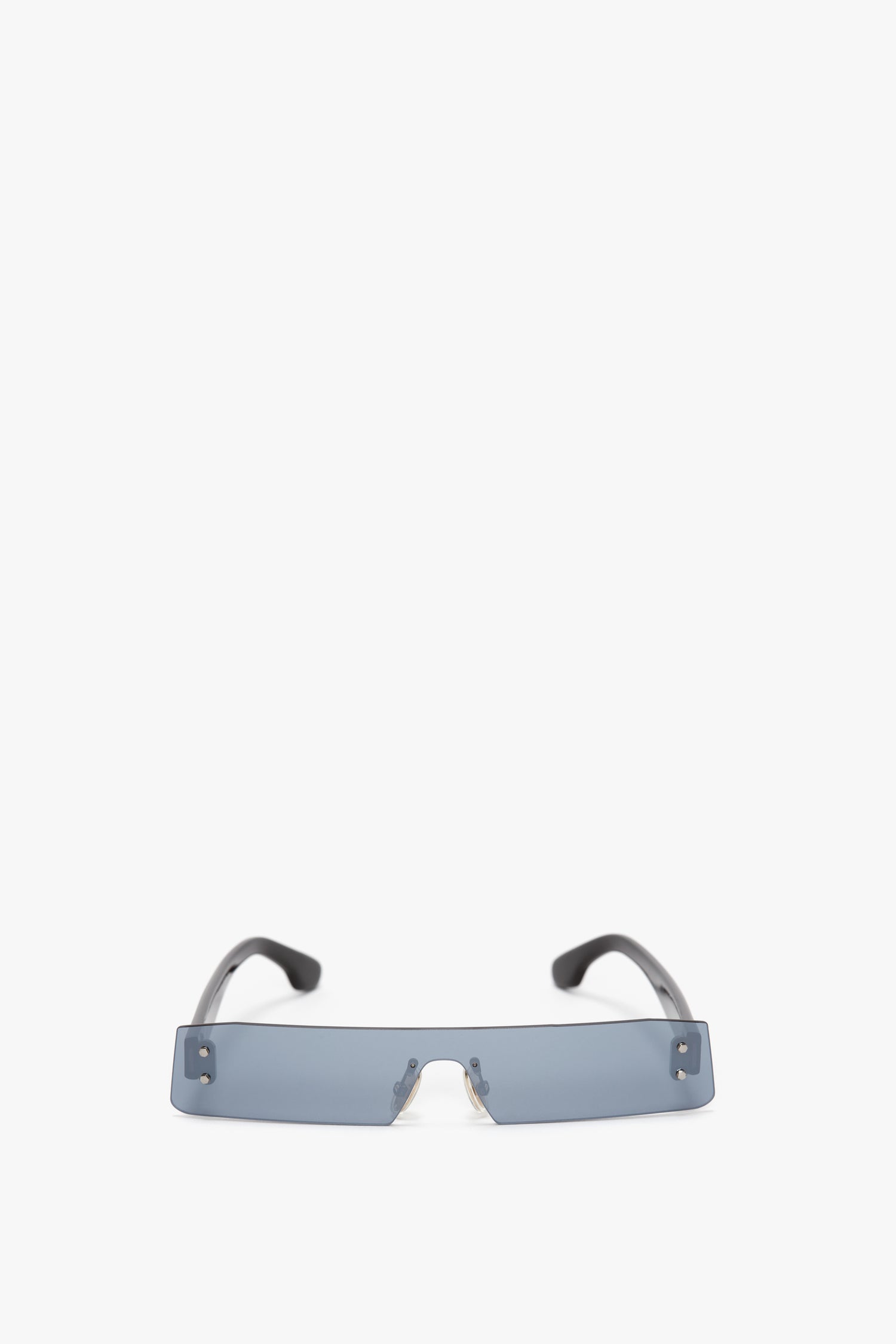 A pair of Victoria Beckham Mini Visor Sunglasses In Blue-Mirror with a mini visor and black arms is shown against a white background.