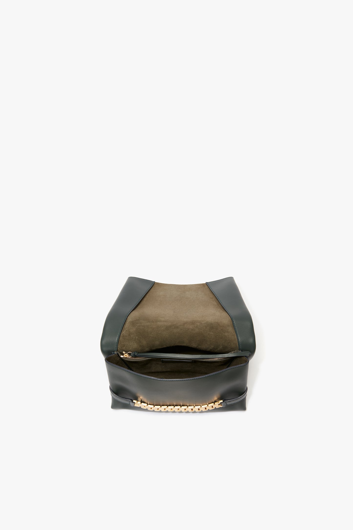 A black and beige Victoria Beckham Chain Pouch bag with a gold-tone hardware detail, displayed against a white background.