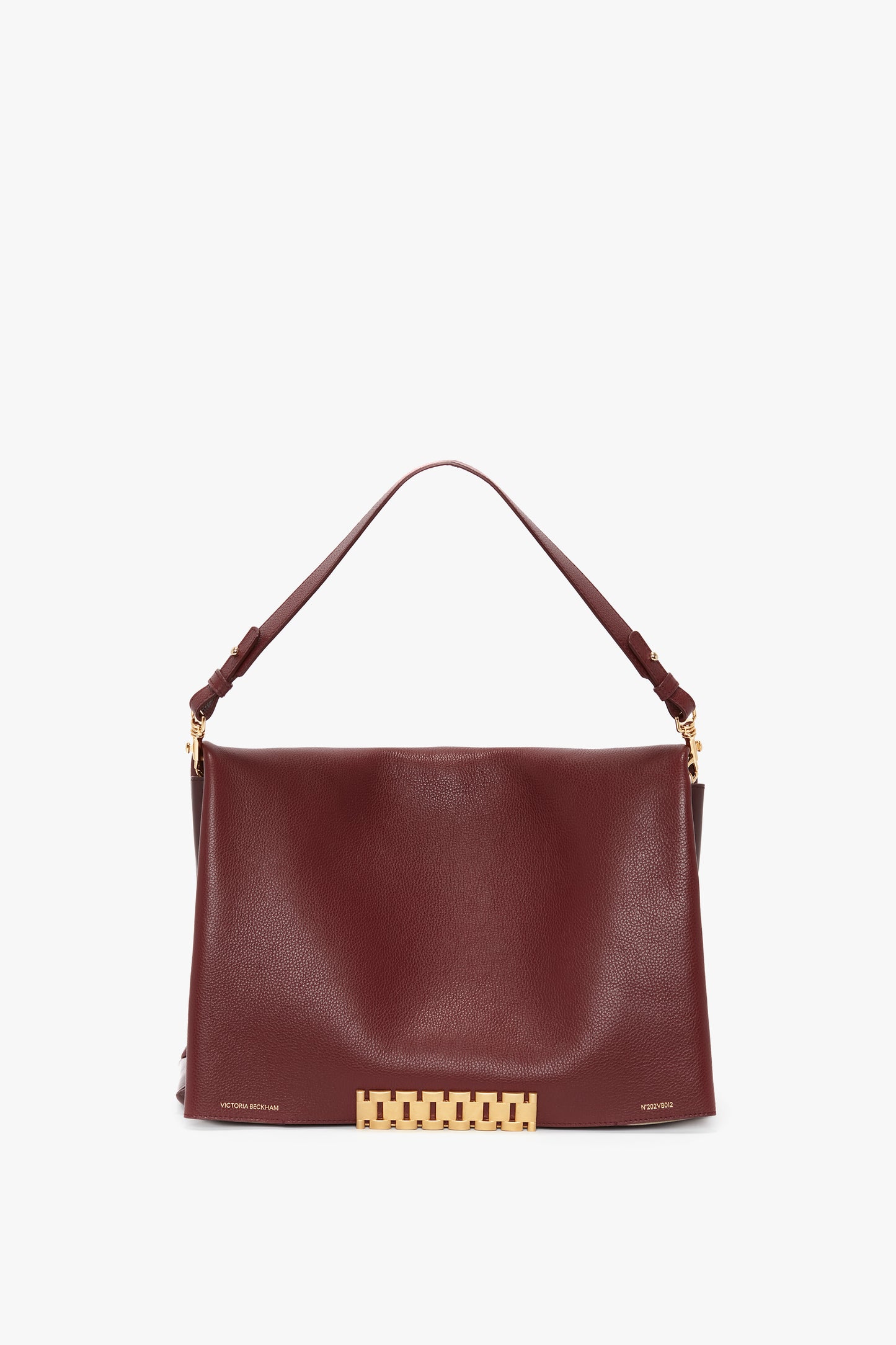 A Victoria Beckham Jumbo Chain Pouch Bag in Bordeaux Leather with gold hardware, featuring a shoulder strap and a rectangular clasp design at the front base.