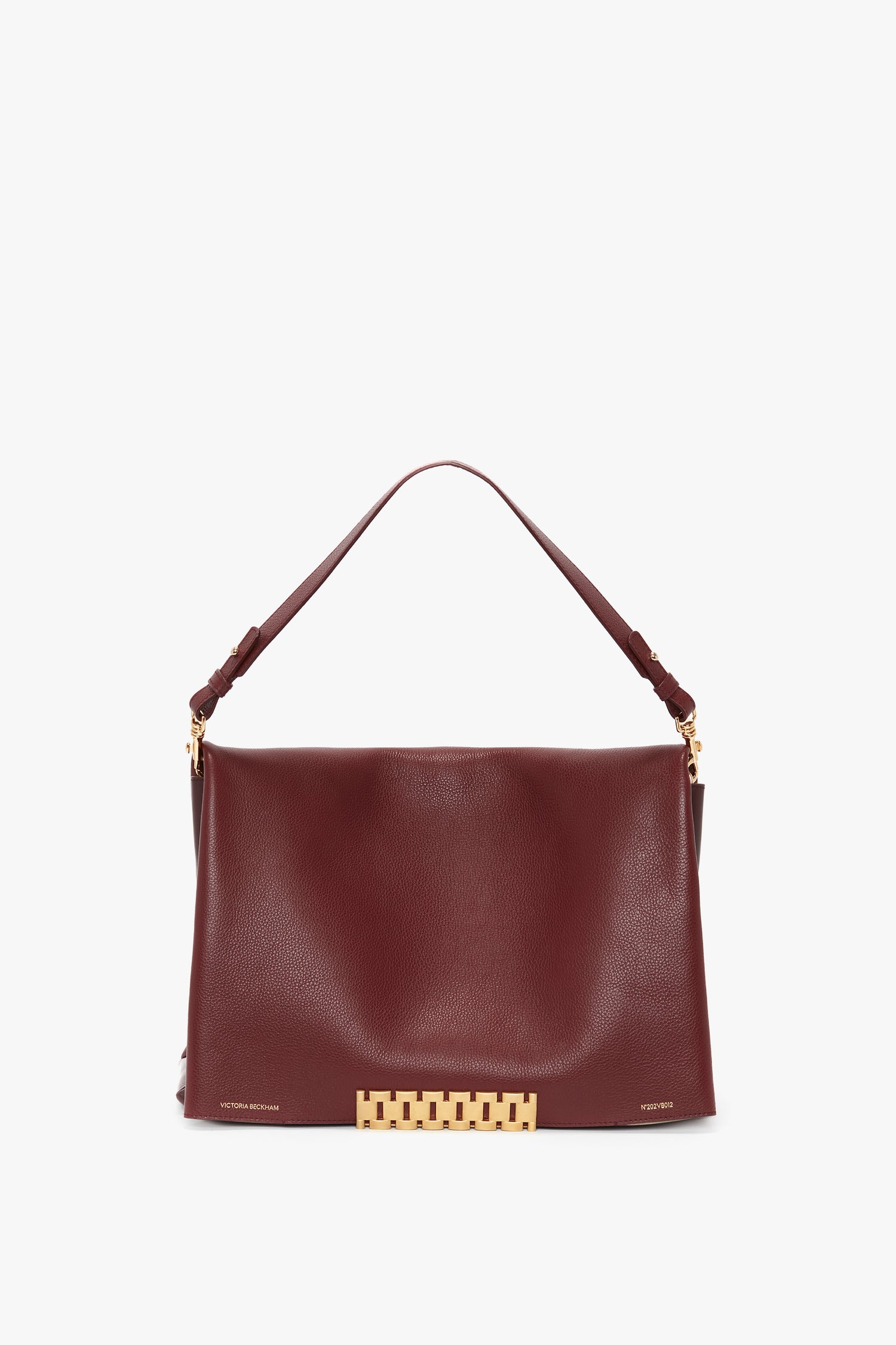 A Victoria Beckham Jumbo Chain Pouch Bag in Bordeaux Leather with gold hardware, featuring a shoulder strap and a rectangular clasp design at the front base.