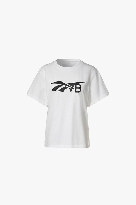 White Reebok x VB Logo T-shirt by Victoria Beckham, isolated on a white background.
