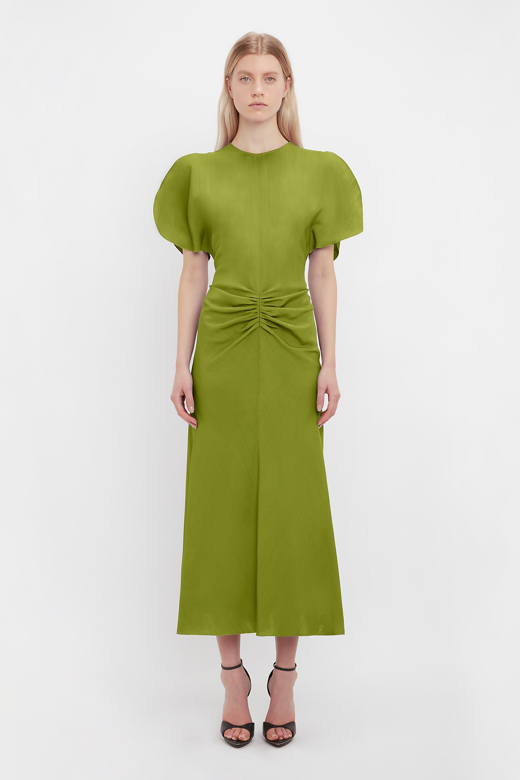 Gathered Waist Midi Dress In Parrot Green | Victoria Beckham