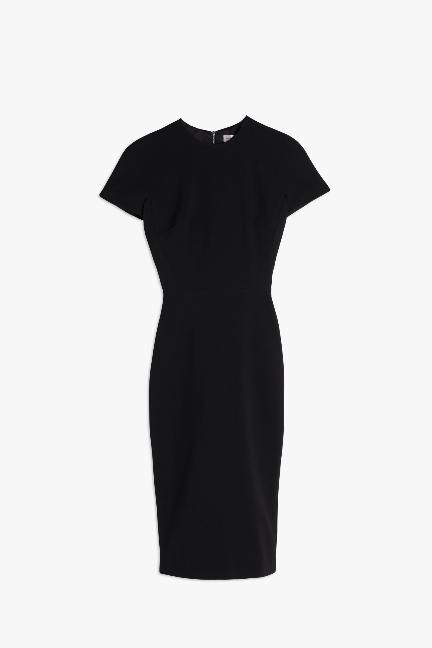 A black knee-length Victoria Beckham fitted T-shirt dress with short sleeves and a matte bonded crepe texture, displayed against a plain white background.
