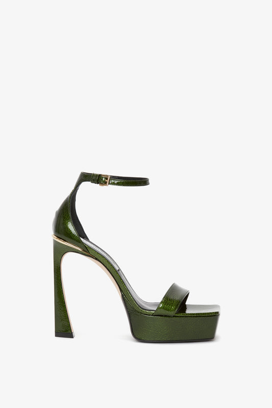 Squared Toe Platform Sandal in Green Grained Patent