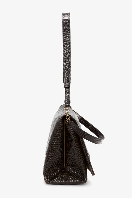 Jumbo Chain Pouch In Chocolate Croc-Effect Leather