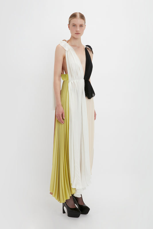 Asymmetric Pleated V-Neck Dress In Ivory-Multi