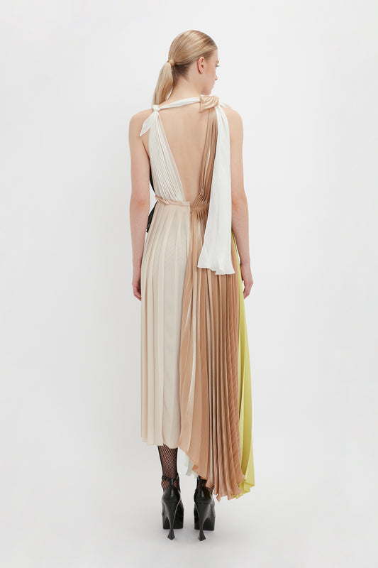 Asymmetric Pleated V-Neck Dress In Ivory-Multi