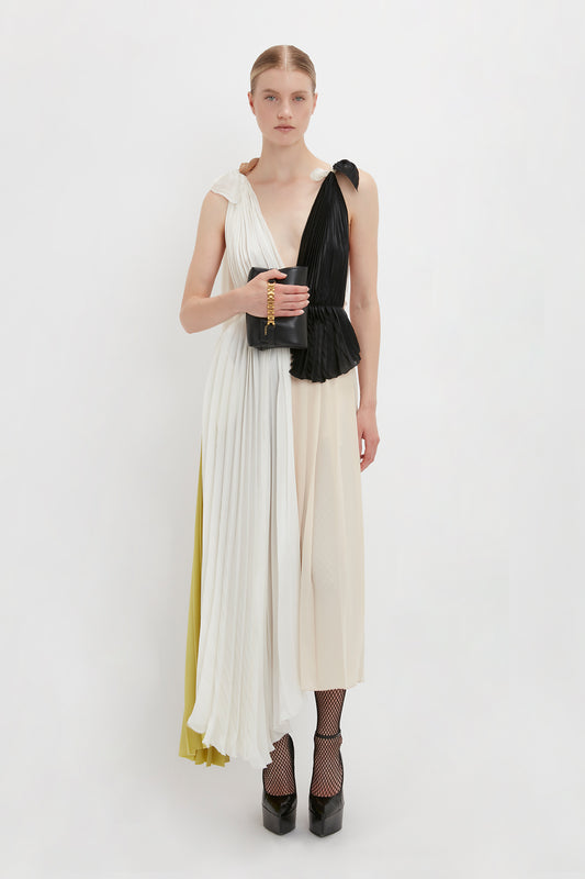 Asymmetric Pleated V-Neck Dress In Ivory-Multi