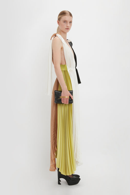 Asymmetric Pleated V-Neck Dress In Ivory-Multi