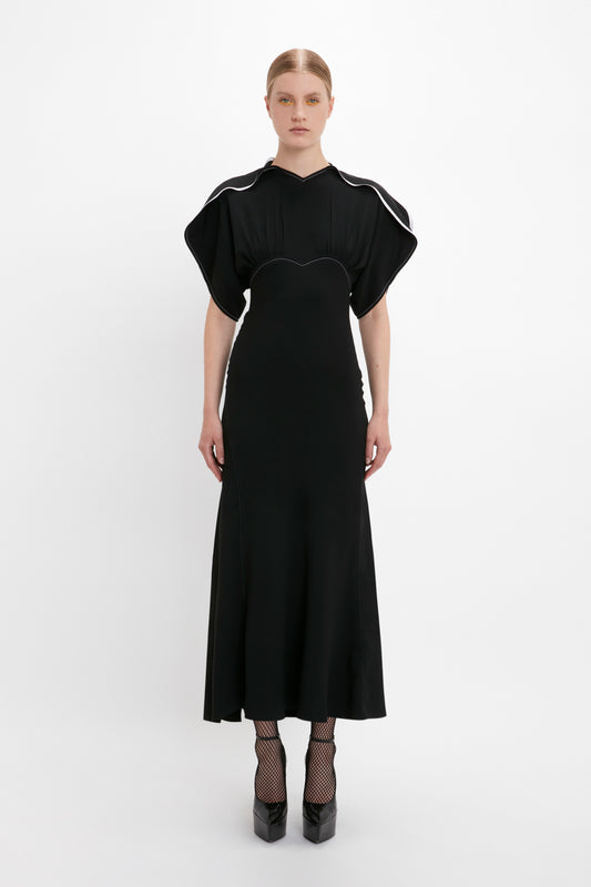 Drape Sleeve Midi Dress In Black