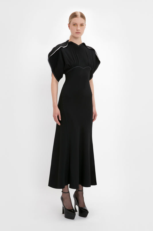 Drape Sleeve Midi Dress In Black