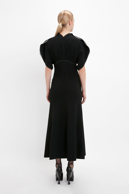 Drape Sleeve Midi Dress In Black