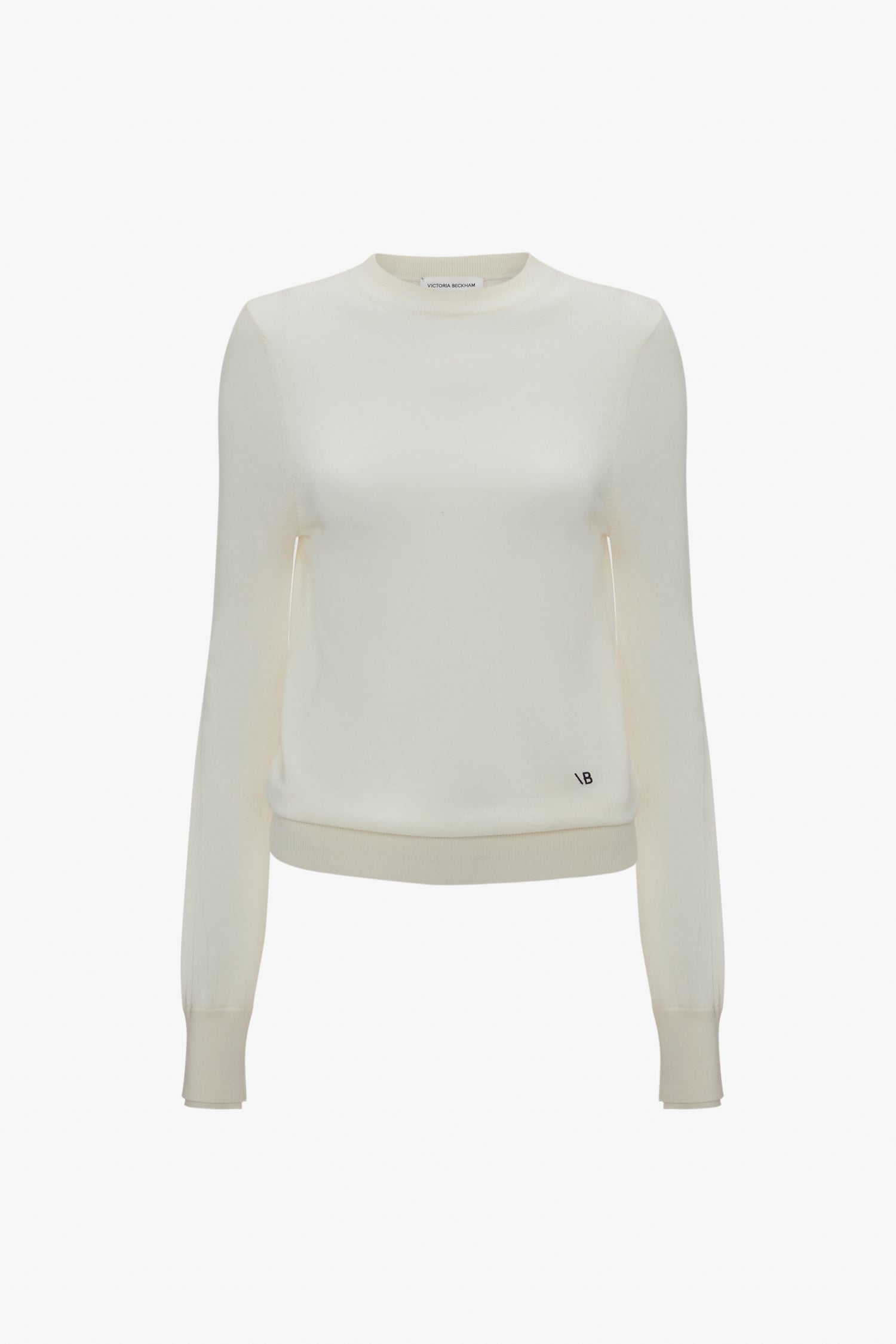 White Merino Crew Jumper In Ivory displayed on a plain background by Victoria Beckham.