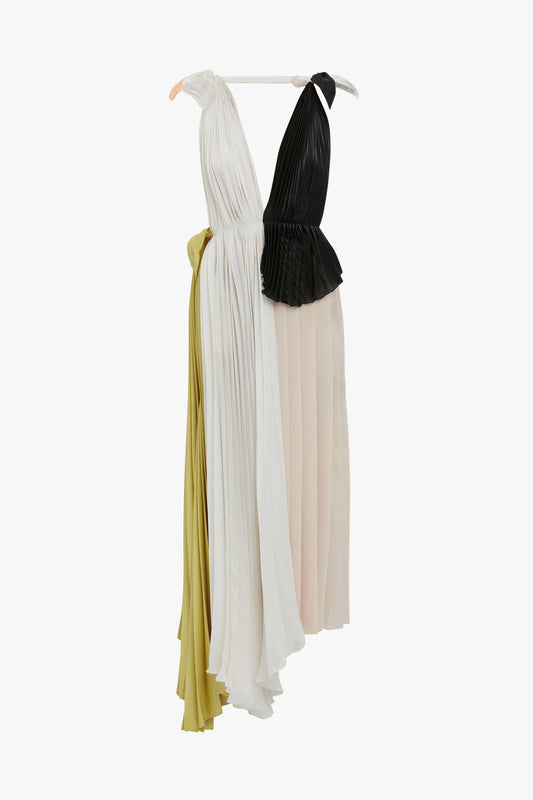 Asymmetric Pleated V-Neck Dress In Ivory-Multi