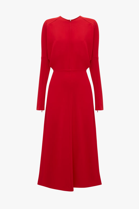 A red Victoria Beckham dolman-sleeved midi dress with a fitted bodice and a slightly flared skirt, displayed on a white background.