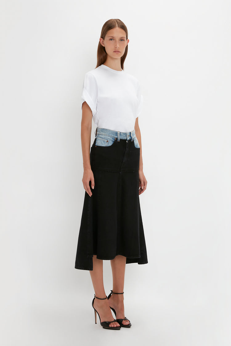 Patched Denim Skirt In Contrast Wash – Victoria Beckham UK