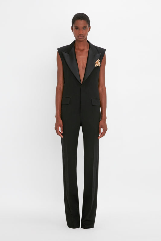 Sleeveless Tuxedo Jumpsuit in Black