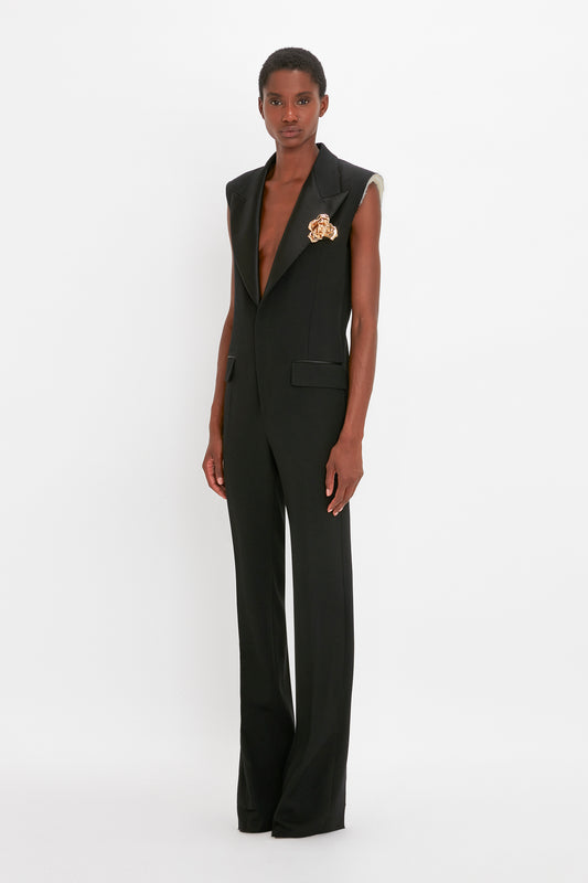 Sleeveless Tuxedo Jumpsuit in Black