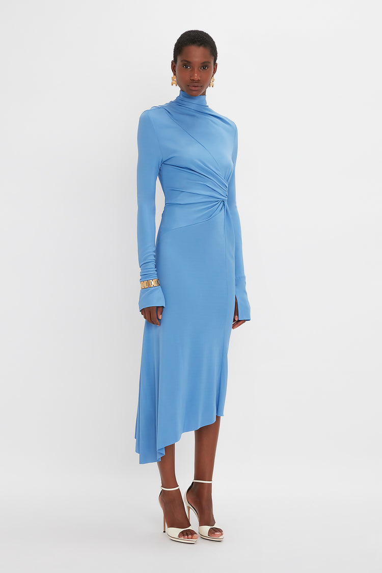 High Neck Asymmetric Draped Dress In Oxford Blue – Victoria Beckham UK