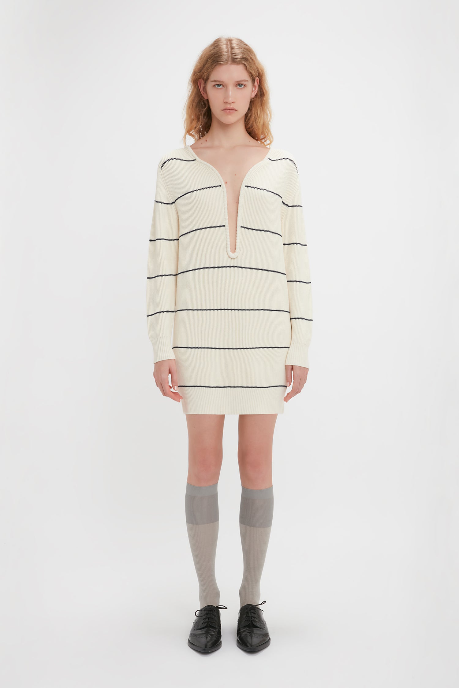 Frame Detail Jumper Dress In Natural Navy Victoria Beckham UK