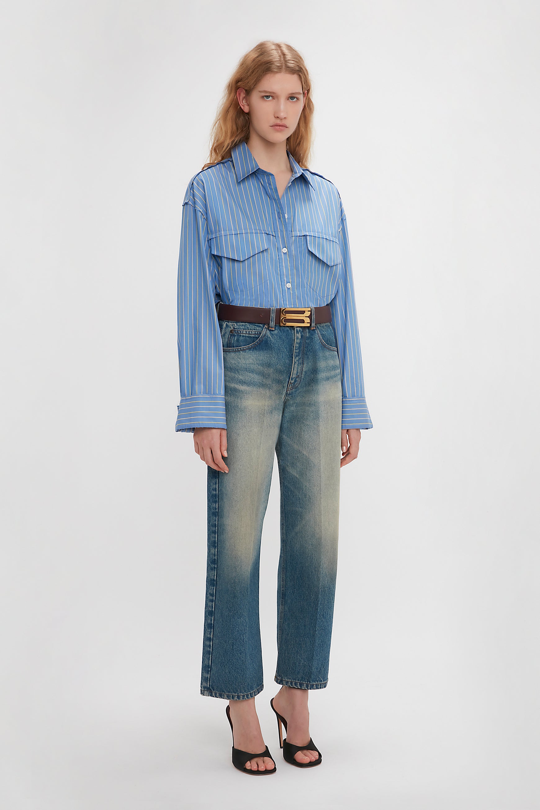 Cropped Seam Detail Shirt In Steel Blue – Victoria Beckham UK