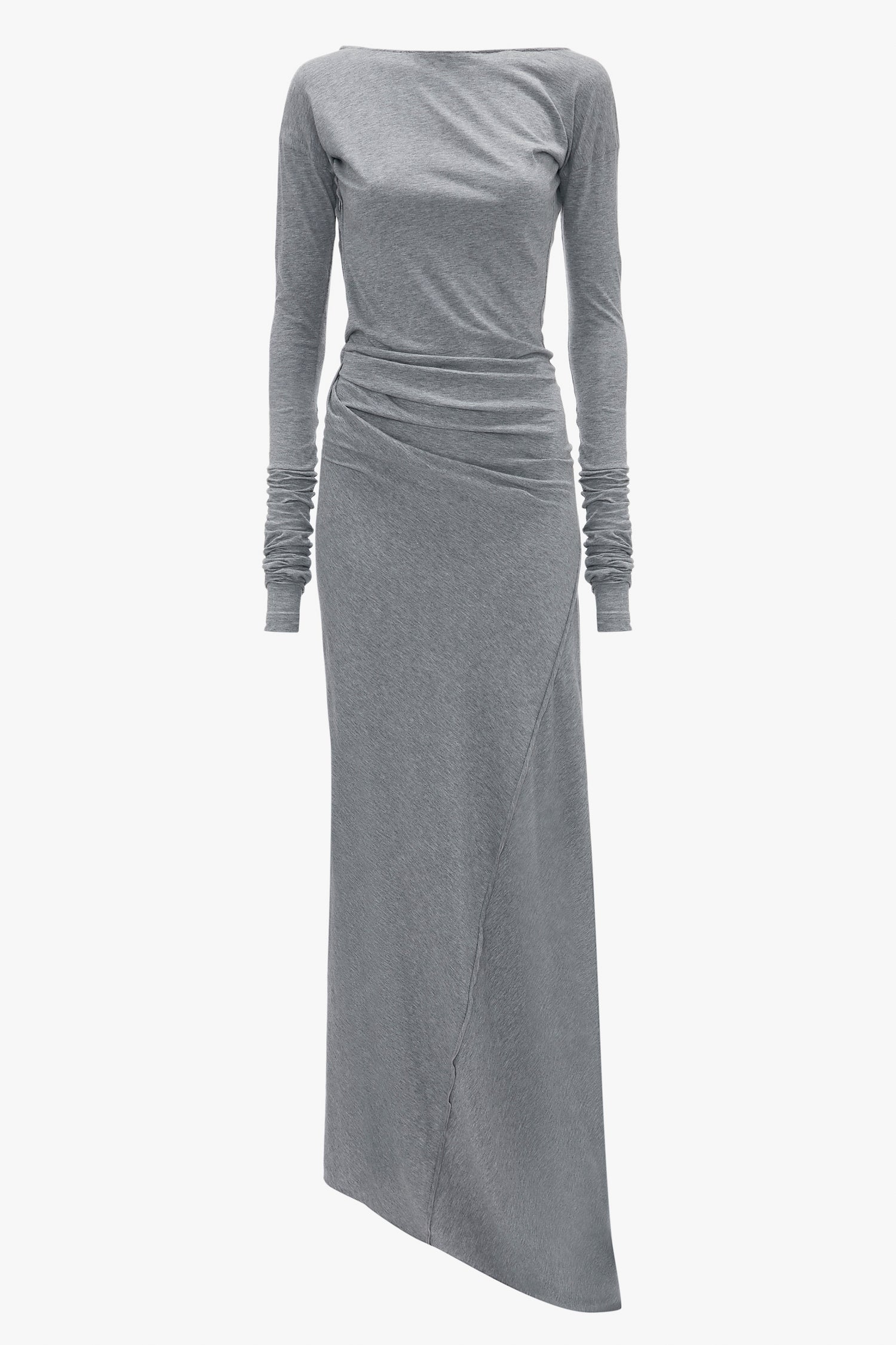 A contemporary eveningwear piece, the Victoria Beckham Long Sleeve Circle Neck Dress In Grey Marl is made from a super-soft cotton-jersey blend and features a boat neckline along with ruched detailing at the waist and sleeves.
