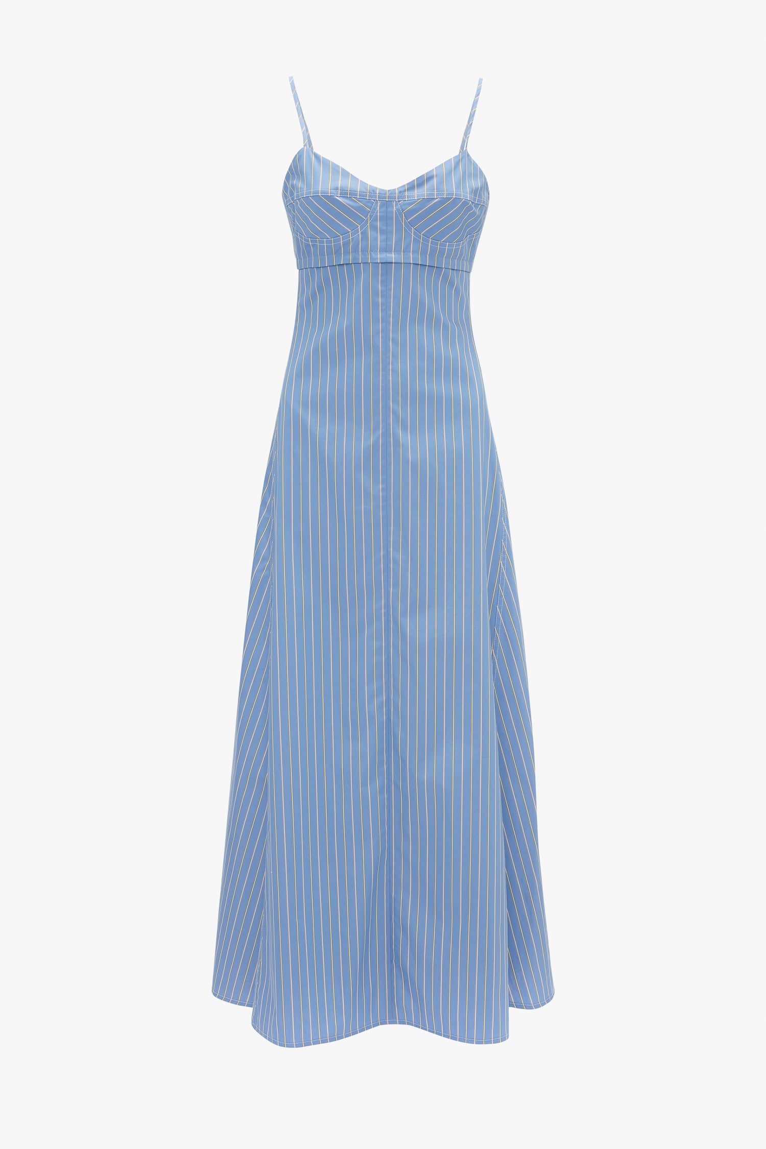 The Victoria Beckham Cami Fit And Flare Midi In Steel Blue features a fitted bodice, flared skirt, and white vertical stripes.